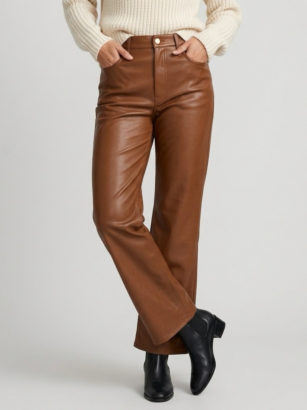J. Crew Slim Wide-Leg Pants in Faux Leather, Brown Sugar Color